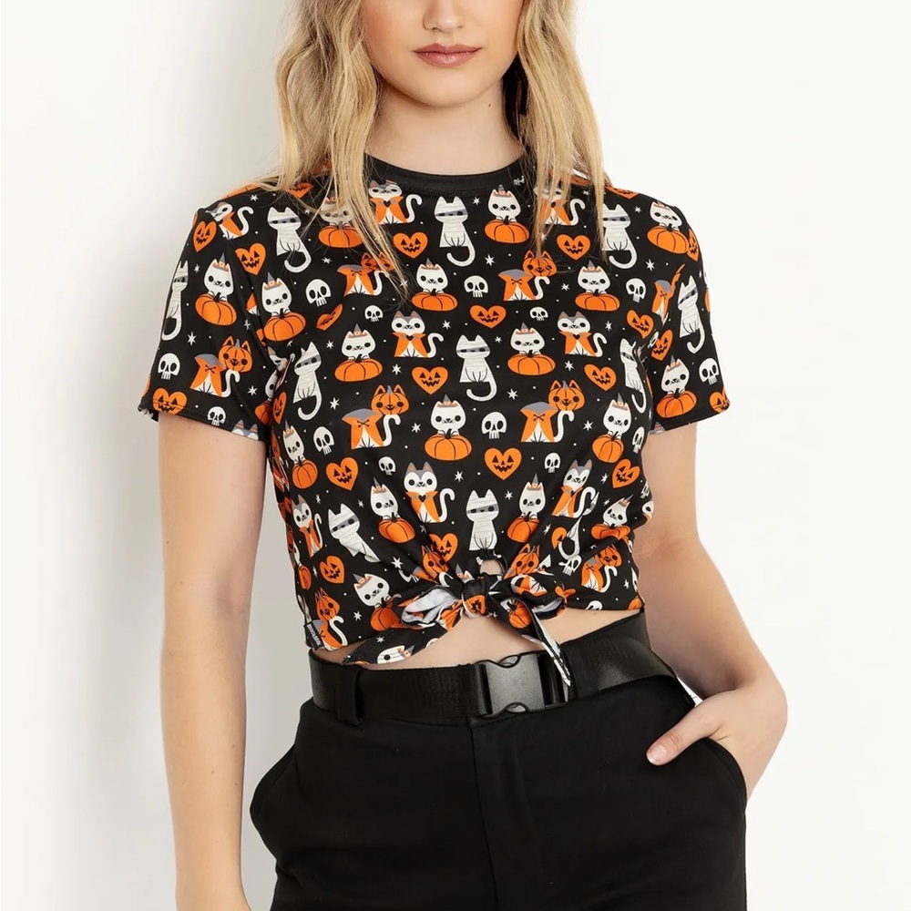 BlackMilk Meowlloween Black Tie Front Tee - Limited